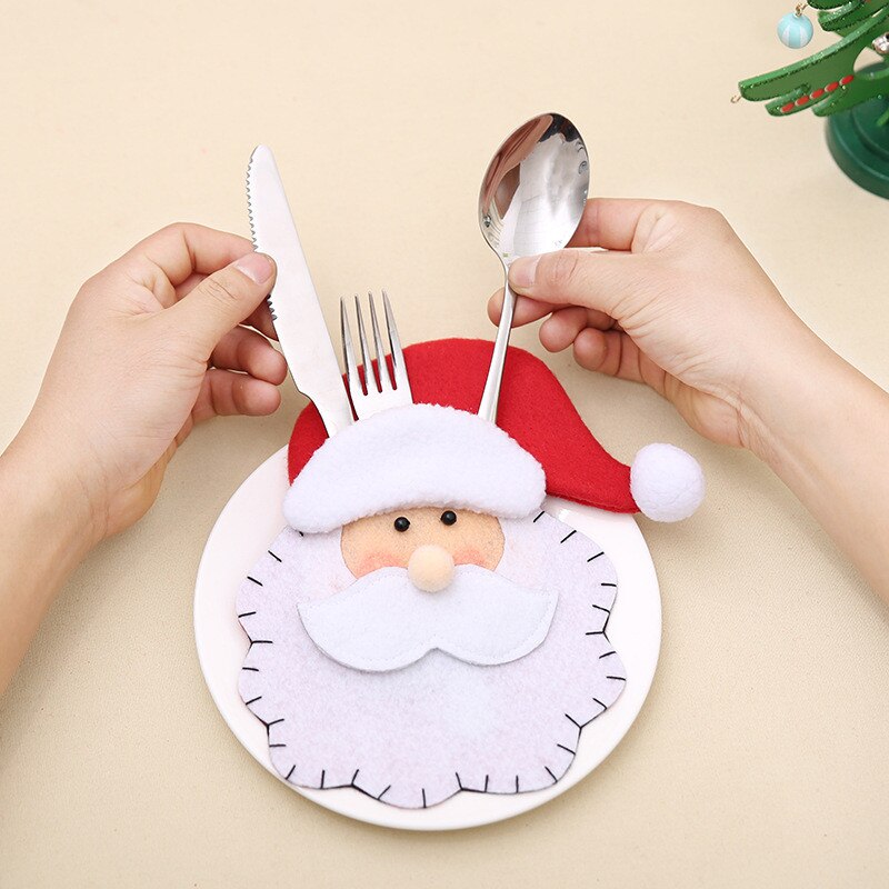 Santa Hat Reindeer Christmas New Year Pocket Fork Knife Cutlery Holder Bag Home Party Table Dinner Decoration Tableware 62244