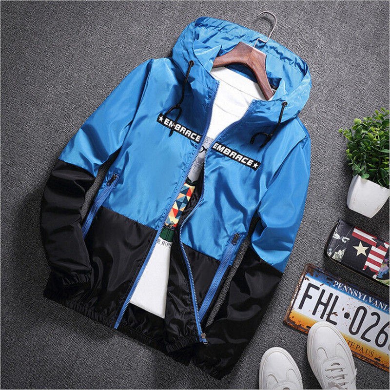 2019 Spring Autumn Bomber Hooded Jacket Men Casual Slim Patchwork Windbreaker Jacket Male Outwear Zipper Thin Coat Male Clothing