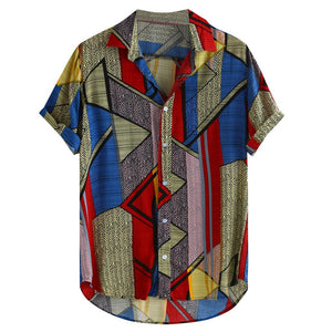 Mens Ethnic Style Summer Short Sleeve Loose Buttons Casual Shirt Blouse Tops Spring Multicolor Retro blouse shirts Tops