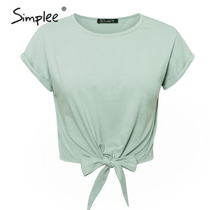 Simplee Casual solid women t shirt tops Spring summer female cotton top shirts Elegant party holiday ladies tied white t-shirt