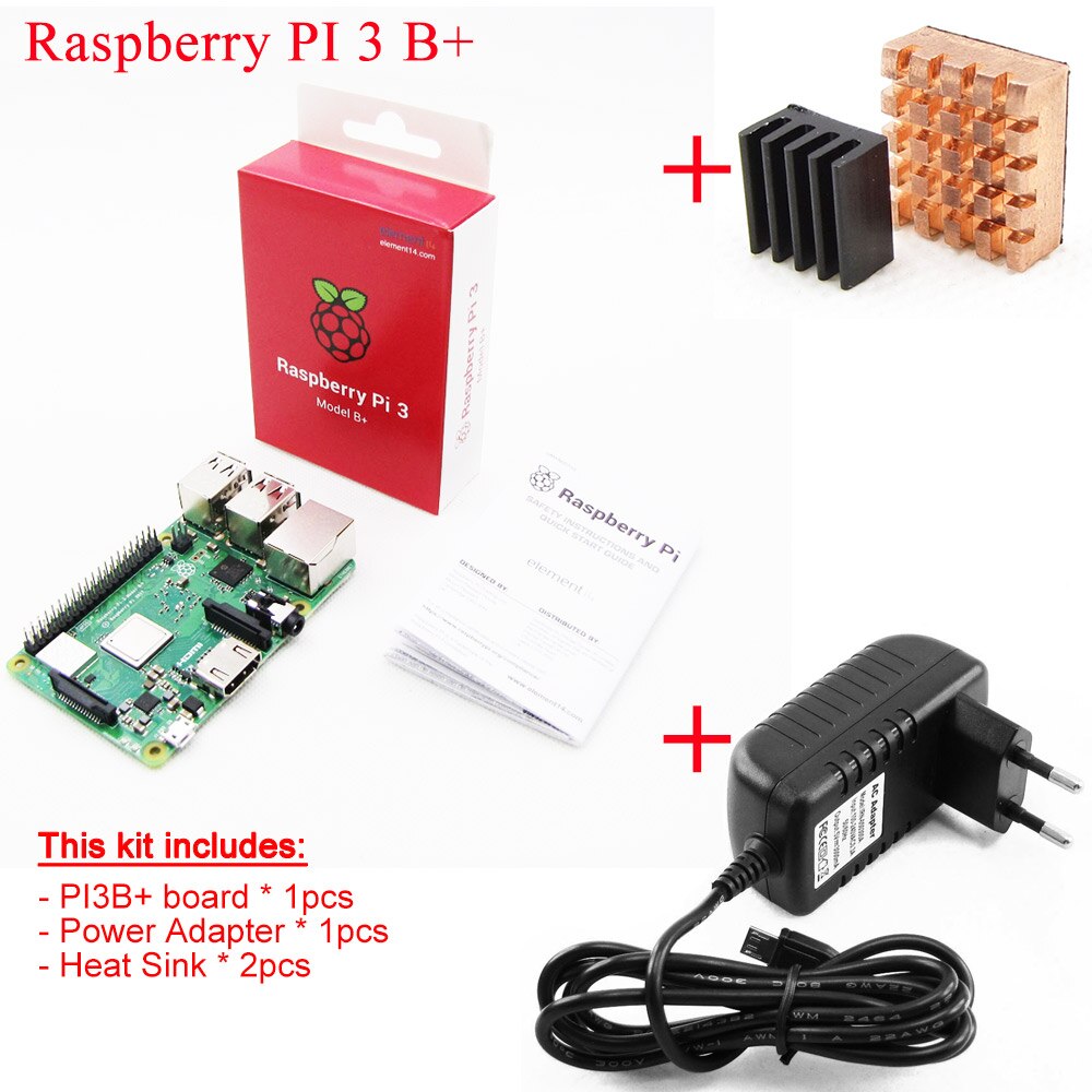 2018 new original Raspberry Pi 3 Model B+plus Board+Heat Sink+Power Adapter AC Power Supply.1GB LPDDR2 Quad-Core WiFi&Bluetooth