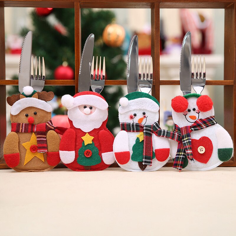 Santa Hat Reindeer Christmas New Year Pocket Fork Knife Cutlery Holder Bag Home Party Table Dinner Decoration Tableware 62244