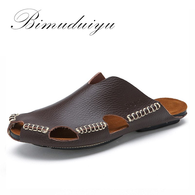 BIMUDUIYU New Arrival Summer Cool Leather Breathable Men Flip Flops Korean Style Male Slipper Non-slide Male Handmade Slippers