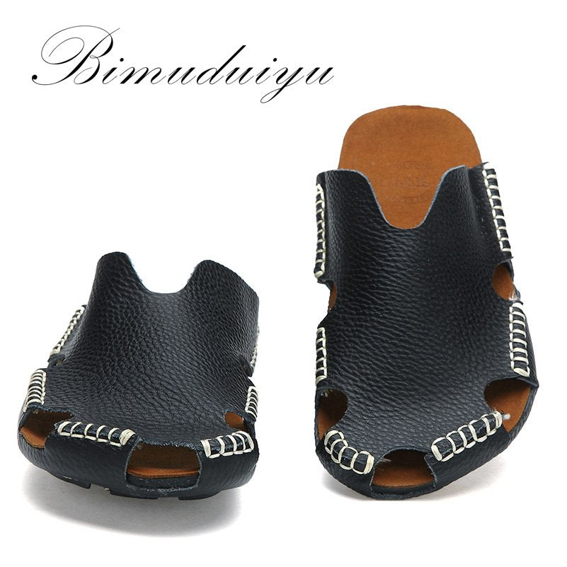 BIMUDUIYU New Arrival Summer Cool Leather Breathable Men Flip Flops Korean Style Male Slipper Non-slide Male Handmade Slippers