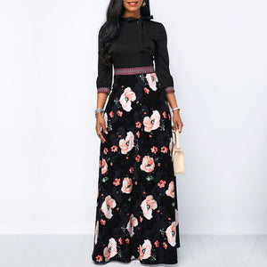 Frauen Lange Maxi Kleider B&ouml;hmen Hohl neck Drei Viertel Sleeve Floral Print Ethnischen Sommer Strand Weibliche Stilvolle Stil Kleid