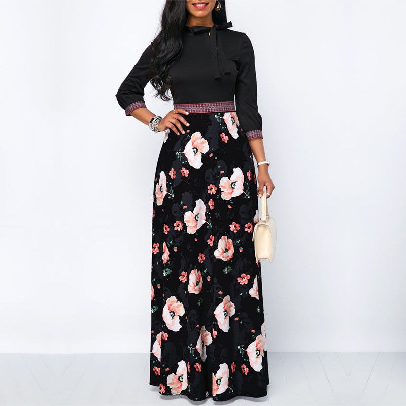 Frauen Lange Maxi Kleider B&ouml;hmen Hohl neck Drei Viertel Sleeve Floral Print Ethnischen Sommer Strand Weibliche Stilvolle Stil Kleid