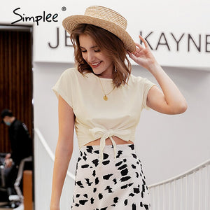 Simplee Casual solid women t shirt tops Spring summer female cotton top shirts Elegant party holiday ladies tied white t-shirt