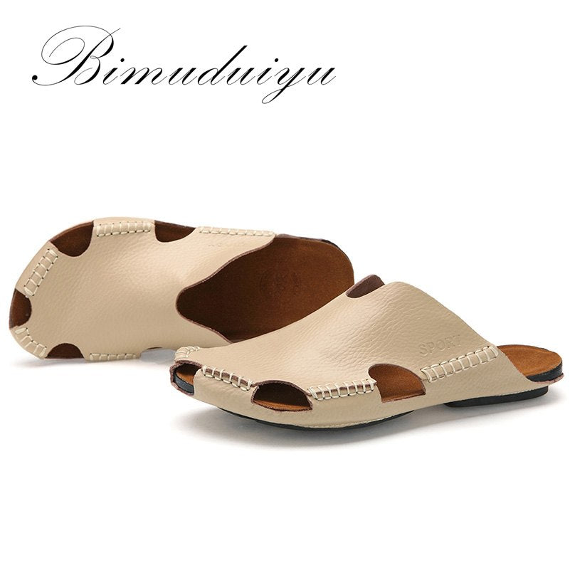 BIMUDUIYU New Arrival Summer Cool Leather Breathable Men Flip Flops Korean Style Male Slipper Non-slide Male Handmade Slippers