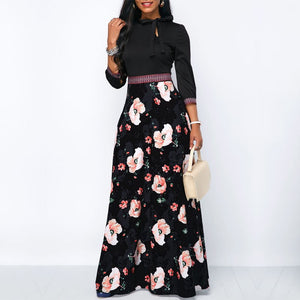 Frauen Lange Maxi Kleider B&ouml;hmen Hohl neck Drei Viertel Sleeve Floral Print Ethnischen Sommer Strand Weibliche Stilvolle Stil Kleid