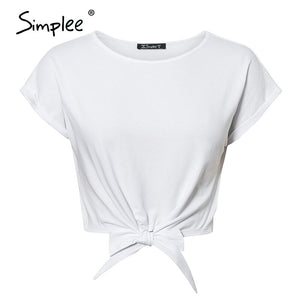 Simplee Casual solid women t shirt tops Spring summer female cotton top shirts Elegant party holiday ladies tied white t-shirt