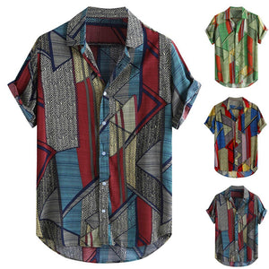 Mens Ethnic Style Summer Short Sleeve Loose Buttons Casual Shirt Blouse Tops Spring Multicolor Retro blouse shirts Tops