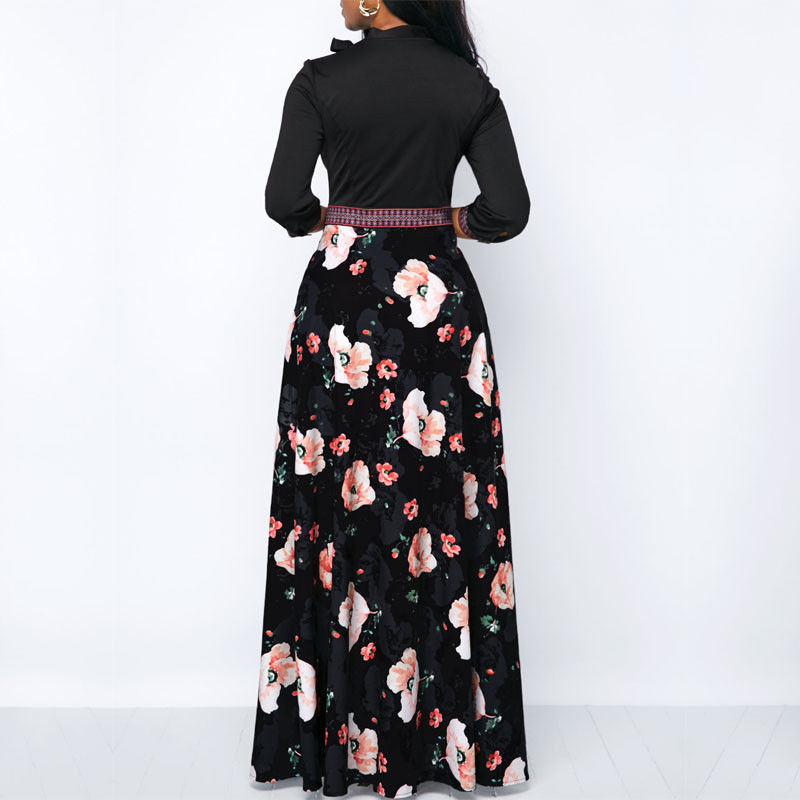 Frauen Lange Maxi Kleider B&ouml;hmen Hohl neck Drei Viertel Sleeve Floral Print Ethnischen Sommer Strand Weibliche Stilvolle Stil Kleid