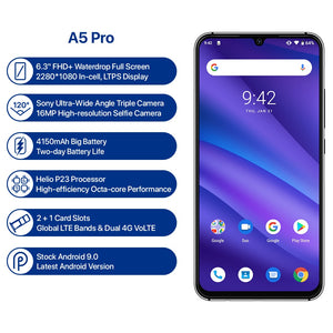 Global Version UMIDIGI A5 PRO Android 9.0 Octa Core 6.3' FHD+ Waterdrop 16MP Triple Camera 4150mAh 4GB RAM 4G Celular Smartphone