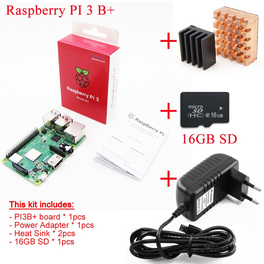 2018 new original Raspberry Pi 3 Model B+plus Board+Heat Sink+Power Adapter AC Power Supply.1GB LPDDR2 Quad-Core WiFi&Bluetooth