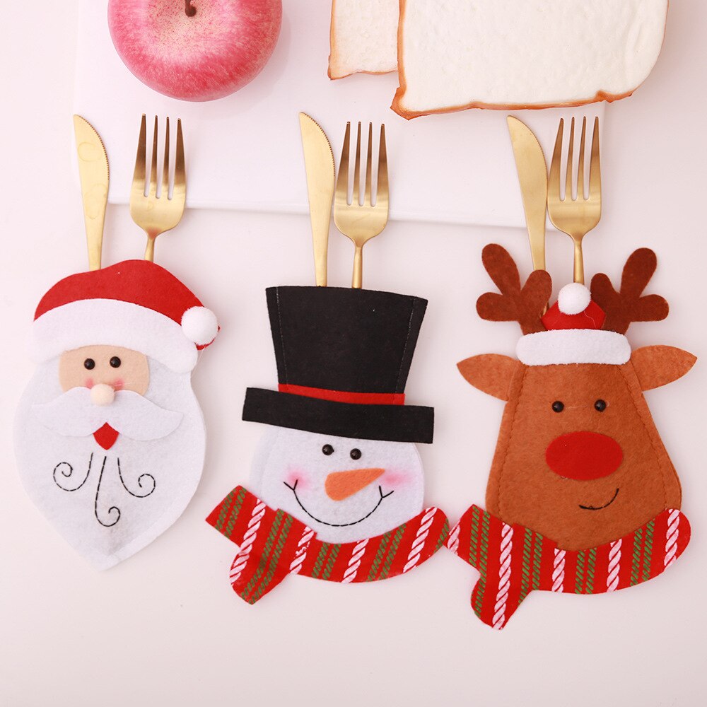 Santa Hat Reindeer Christmas New Year Pocket Fork Knife Cutlery Holder Bag Home Party Table Dinner Decoration Tableware 62244