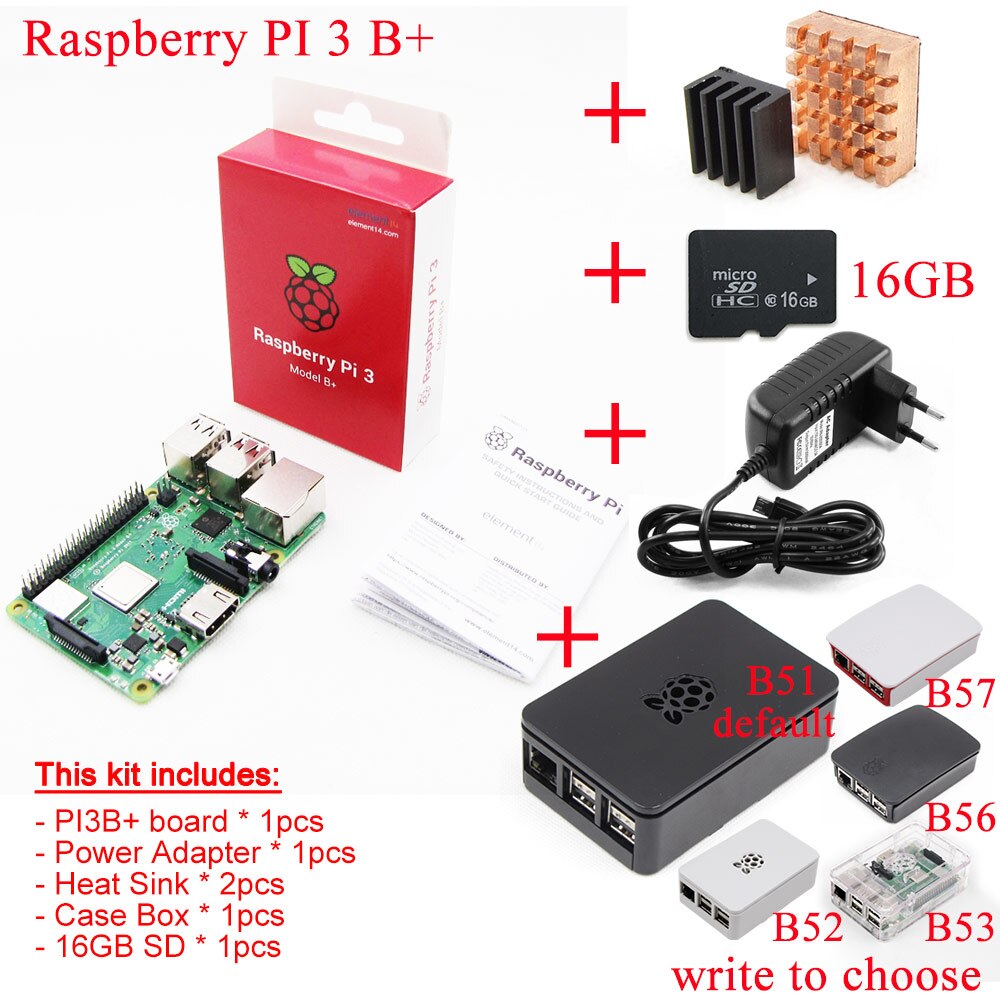 2018 new original Raspberry Pi 3 Model B+plus Board+Heat Sink+Power Adapter AC Power Supply.1GB LPDDR2 Quad-Core WiFi&Bluetooth