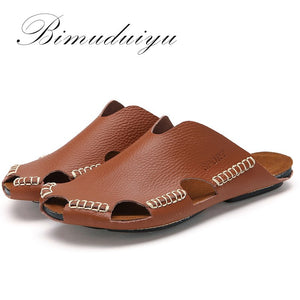 BIMUDUIYU New Arrival Summer Cool Leather Breathable Men Flip Flops Korean Style Male Slipper Non-slide Male Handmade Slippers