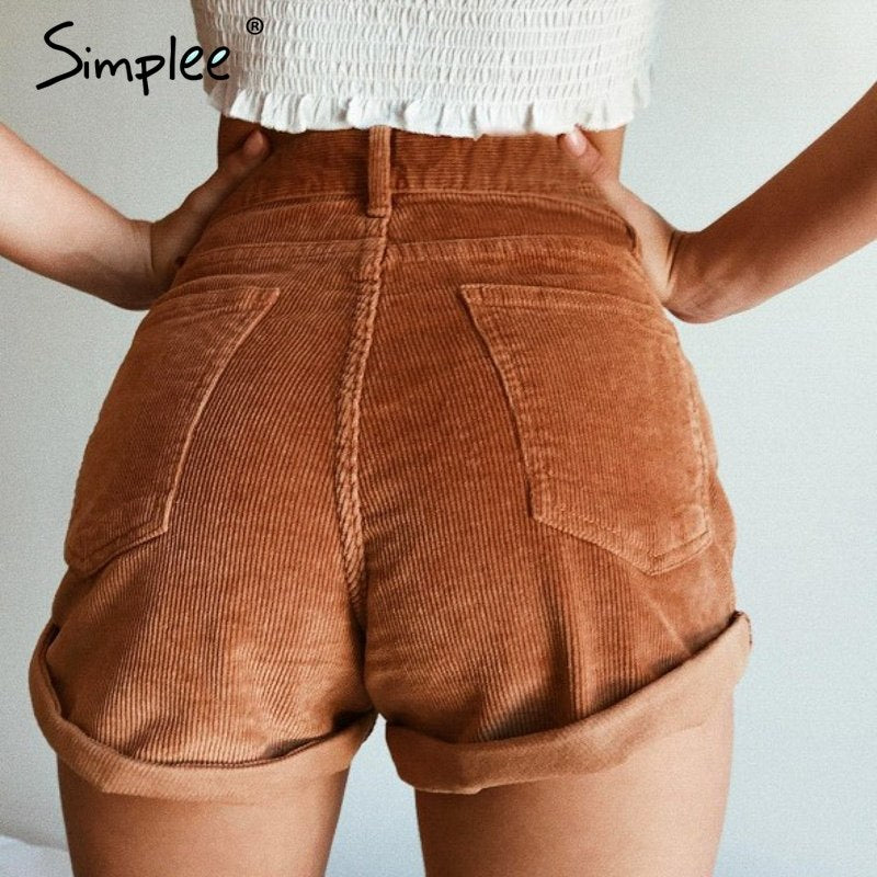 Simplee Elastic high waist corduroy shorts women Casual streetwear shorts female Loose summer zipper button short shorts 2019