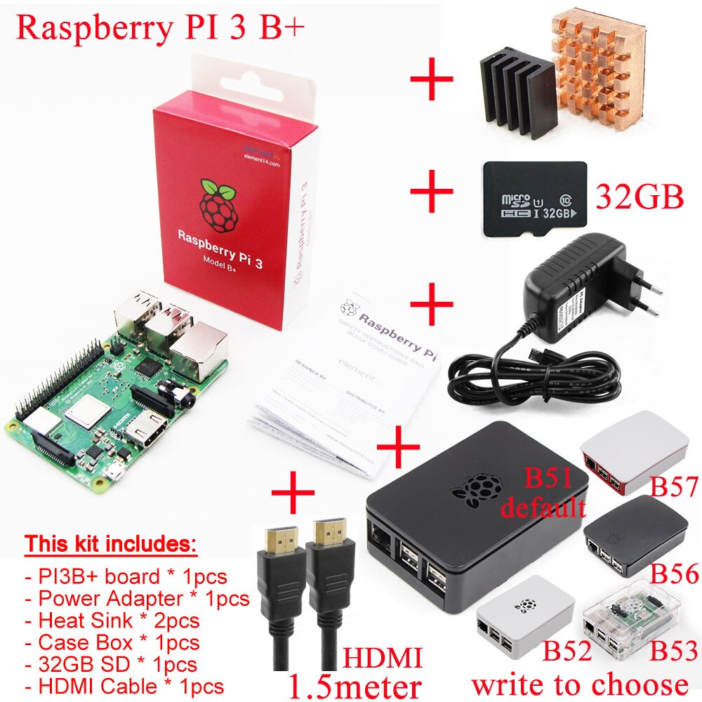 2018 new original Raspberry Pi 3 Model B+plus Board+Heat Sink+Power Adapter AC Power Supply.1GB LPDDR2 Quad-Core WiFi&Bluetooth