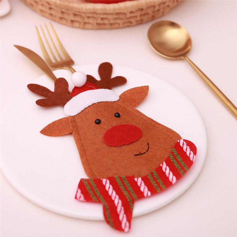 Santa Hat Reindeer Christmas New Year Pocket Fork Knife Cutlery Holder Bag Home Party Table Dinner Decoration Tableware 62244