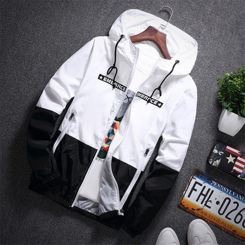 2019 Spring Autumn Bomber Hooded Jacket Men Casual Slim Patchwork Windbreaker Jacket Male Outwear Zipper Thin Coat Male Clothing