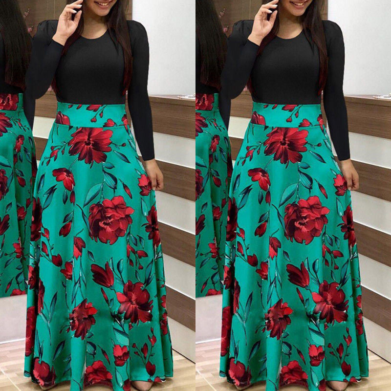 Women Boho Floral Printed Long Sleeve Dress 2018 Ladies Long Maxi Autumn Evening Party Dresses Elegant Woman Holiday Beach Dress