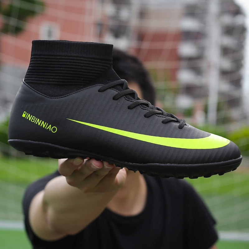 Men Football Boots Soccer Cleats Boots Long Spikes TF Spikes Ankle High Top Sneakers Soft Indoor Turf Futsal Soccer Shoes Men